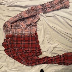 red and pink split flannel cropped jacket